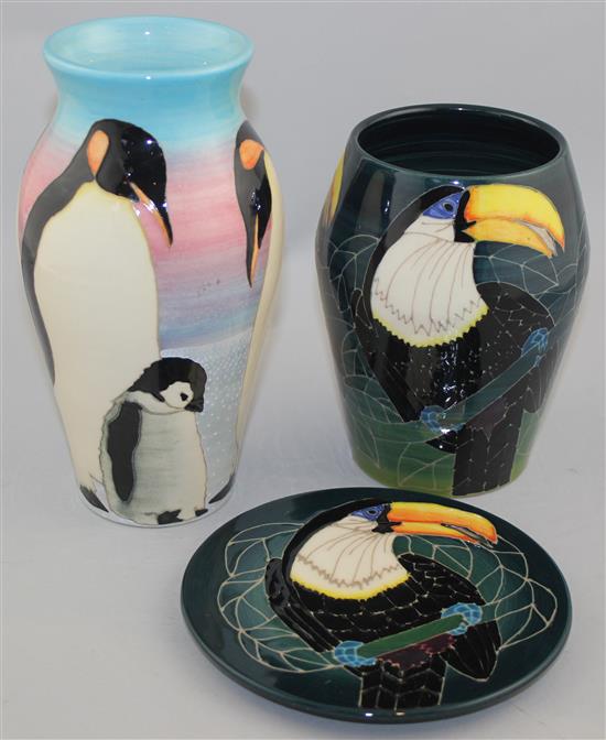 Sally Tuffin for Dennis Chinaworks. A penguin vase and a toucan vase and similar dish, penguin vase 21cm